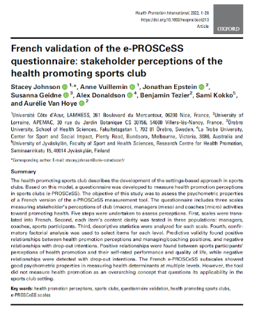 French validation of the e-PROSCeSS questionnaire: stakeholder’s perceptions of the health-promoting sports club