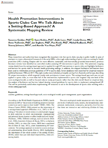 Health promotion interventions in sports clubs: can we talk about a setting based approach? A systematic mapping review.